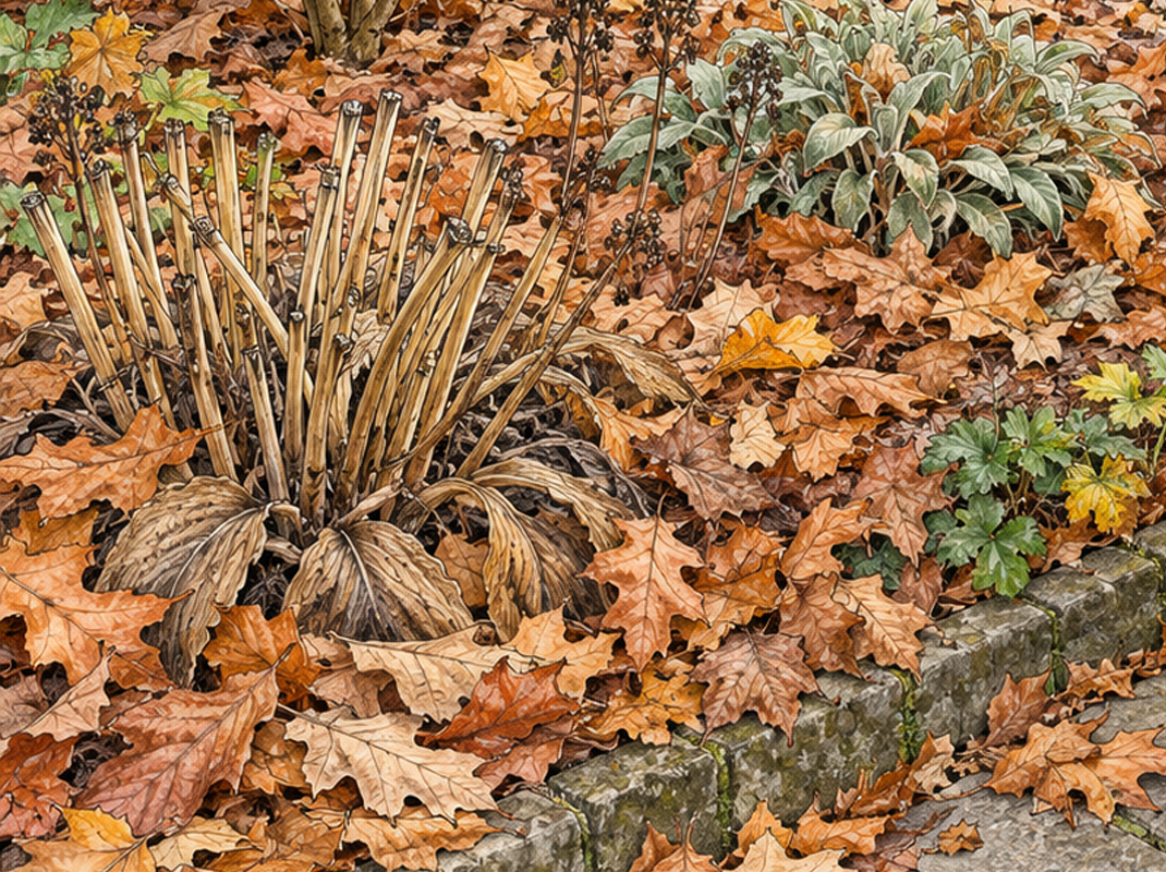 Gesammeltes organisches Material und Laub zur weiteren Verwendung im Garten