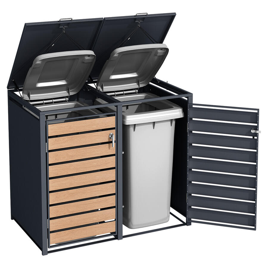 Doppel-Mülltonnenbox Anthrazitgrau, Türen in Holzdesign-Beschichtung